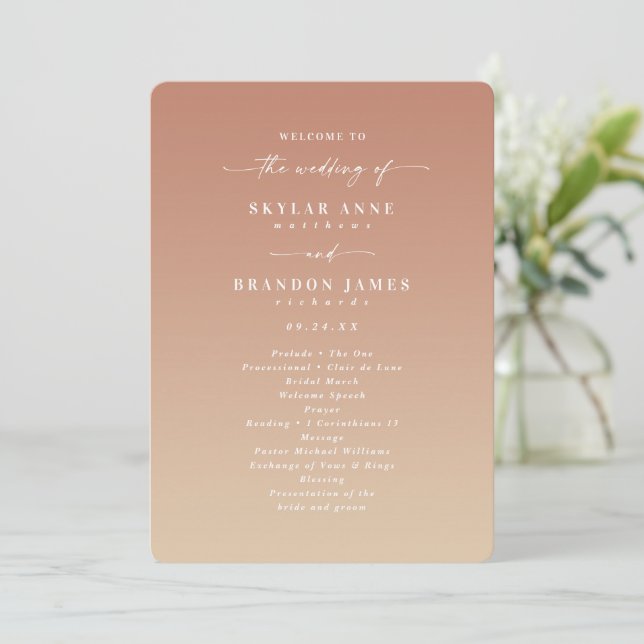 Simple Ombre Clay & Gold Wedding Ceremony Program (Standing Front)
