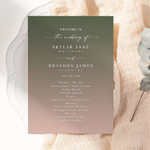 Simple Ombre Dark Green & Pink Wedding Ceremony Program