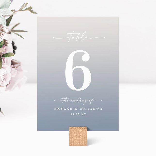 Simple Ombre Gardenia White & Dusty Blue Wedding Table Number (Creator Uploaded)