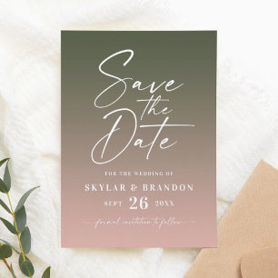 Simple Ombre Gradient Pink & Dark Green Wedding Save The Date