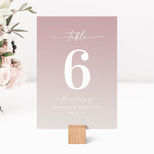 Simple Ombre Mauve Pink & Gardenia White Wedding Table Number