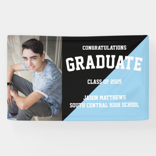 Simple One Photo Black Light Blue 2022 Graduation Banner (Horizontal)