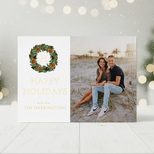 Simple One Photo Monogram Wreath Gold Foil Holiday Card (Creator Uploaded)