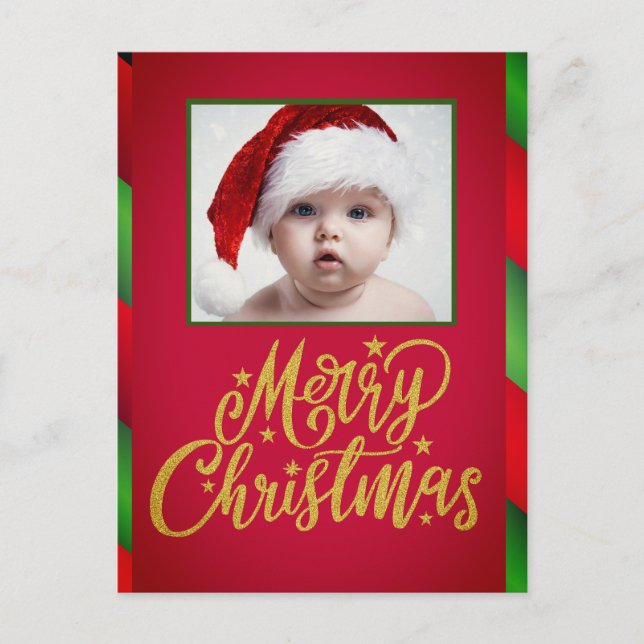 Simple One Photo Red And Green Stripe Christmas Holiday Postcard (Front)