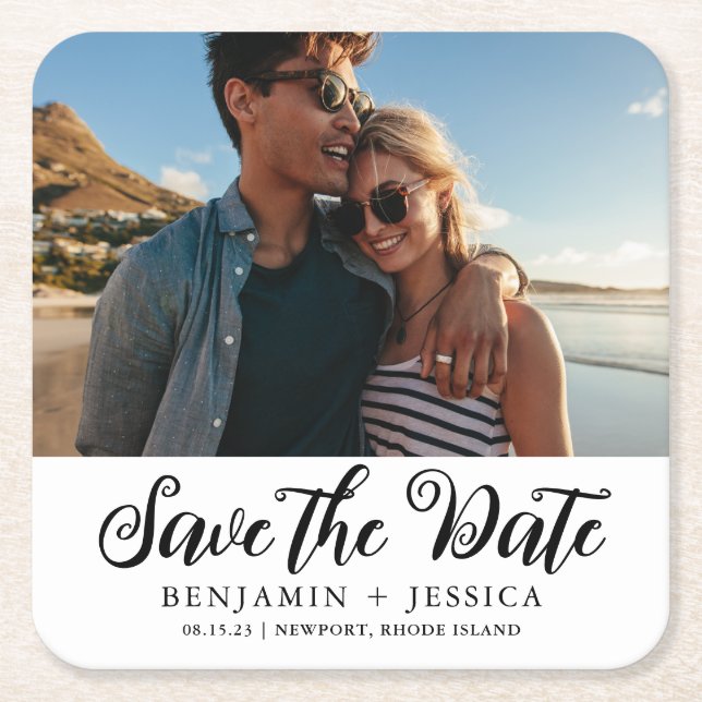 Simple One Photo Wedding Save the Date Black Square Paper Coaster (Front)