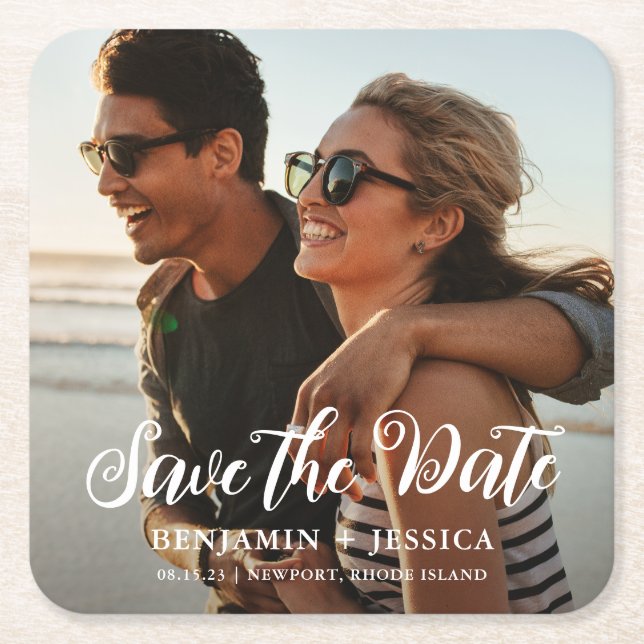 Simple One Photo Wedding Save the Date Square Paper Coaster (Front)