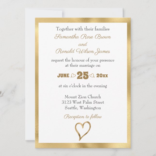 Simple Open Faux Gold Heart Wedding Invitation (Front)