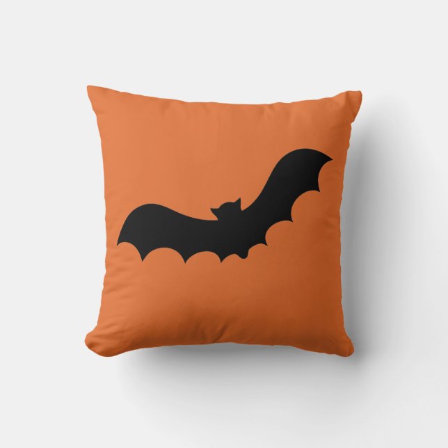 Simple Orange and Black Happy Halloween Bat Cushion (Front)