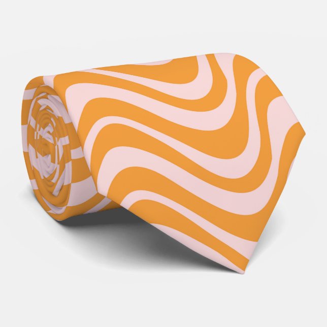 Simple Orange and Pink Retro Wavy Neck Tie (Rolled)