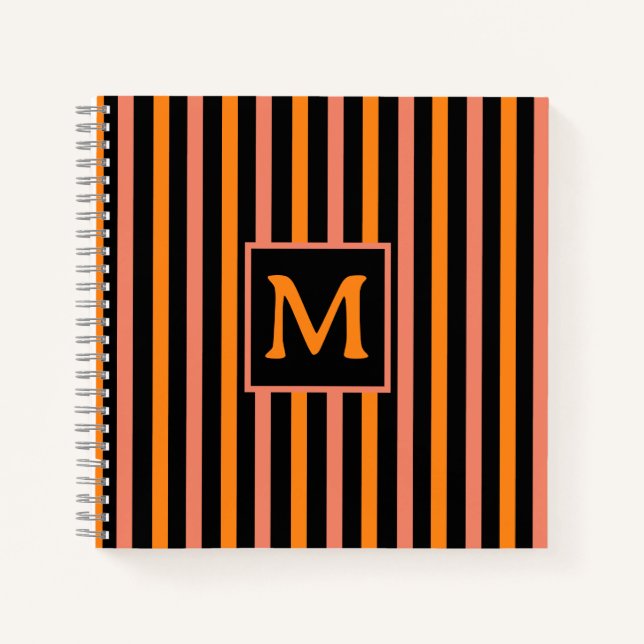 Simple Orange and Salmon Striped Initial Notebook (Front)