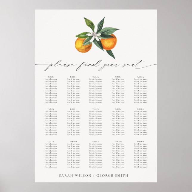 Simple Orange Boho Botanical Wedding Setting Chart (Front)