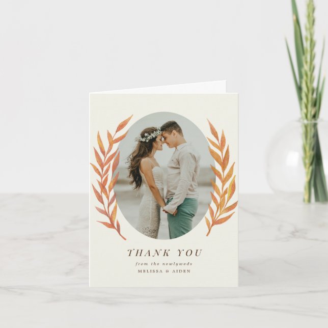 Simple Orange Branch Wedding Photo Thank You Card (Front)