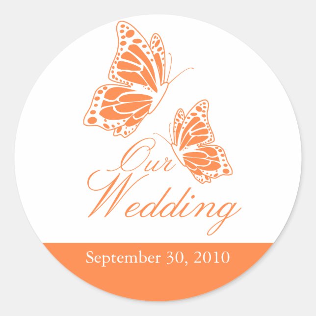 Simple Orange Butterfly Wedding Announcement Classic Round Sticker (Front)