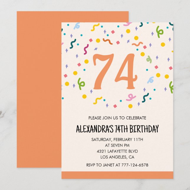 Simple Orange Confetti 74th birthday invitations  (Front/Back)