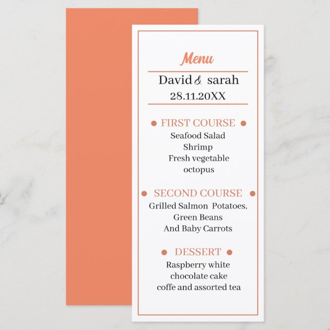 Simple Orange Customised Wedding Dinner Menu (Front/Back)