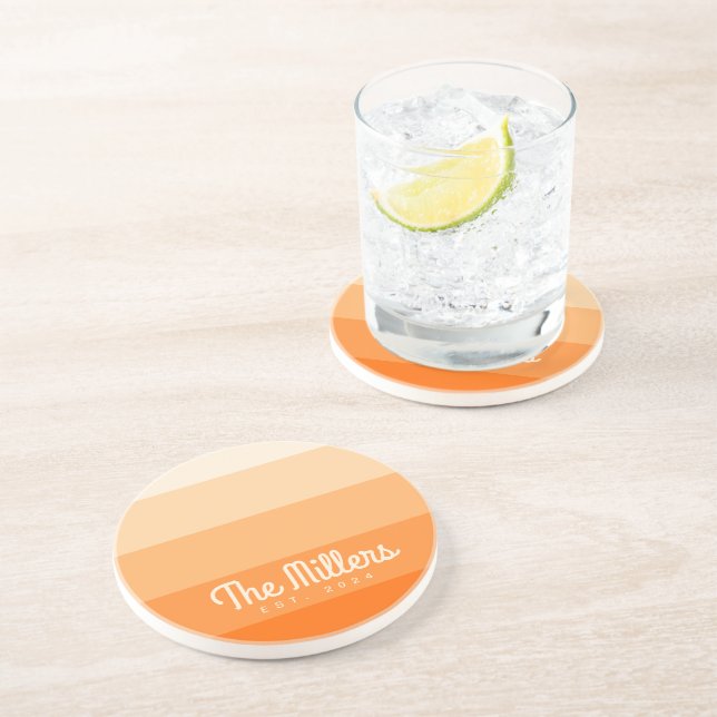 Simple Orange Gradient Family Name Monogram Modern Coaster (Side)