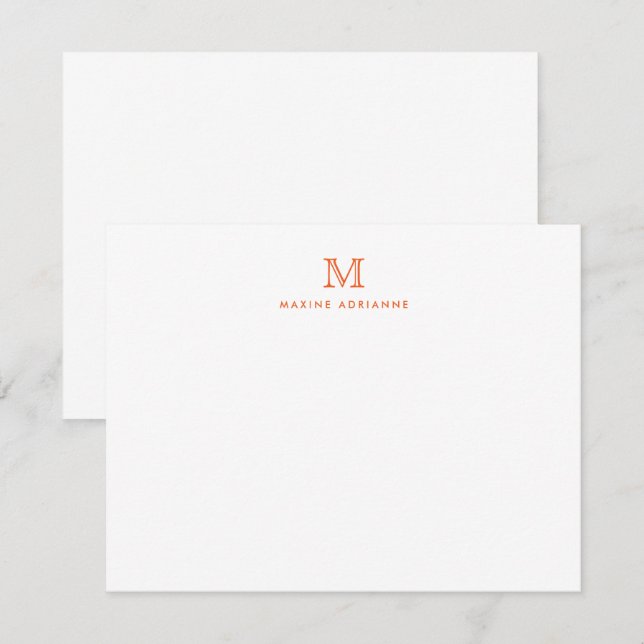 Simple Orange Modern Monogram Initial Note Card (Front/Back)