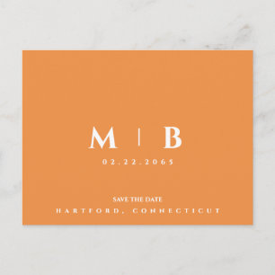 Simple Orange Monogram Wedding Save the Date Postcard