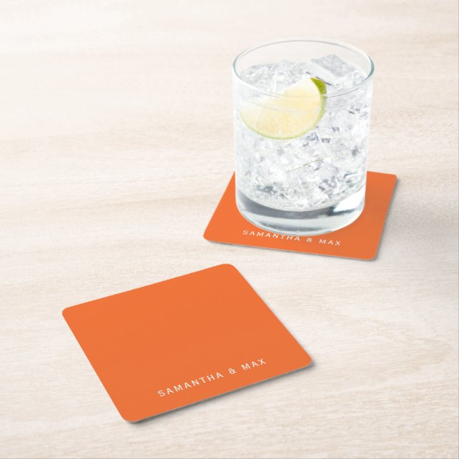 Simple Orange Personalised Modern Wedding Square Paper Coaster (Insitu)
