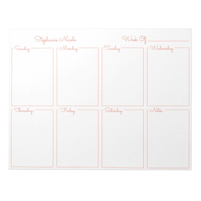 Simple Orange Thin Border Name Weekly Planner Notepad (Front)