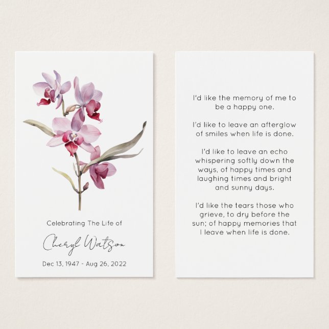 Simple Orchid Funeral Memorial Prayer Card (Front & Back)