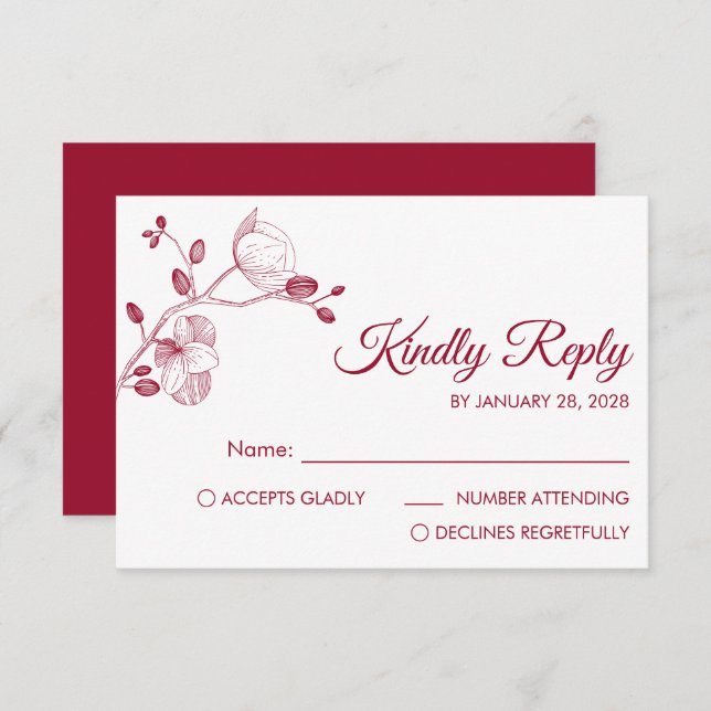 Simple orchids red modern floral elegant RSVP card (Front/Back)