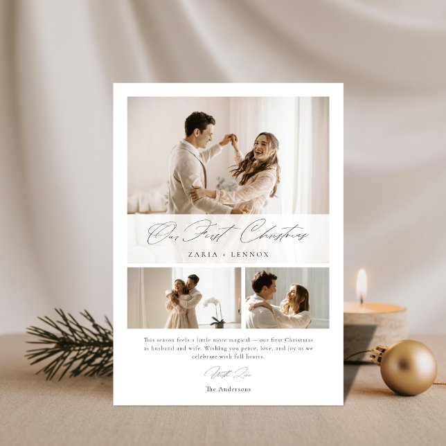 Simple Our First Christmas Elegant Script 3 Photo Holiday Card (Creator Uploaded)