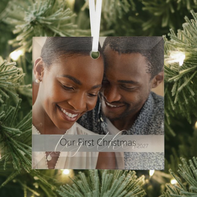 Simple Our First Christmas Photo Glass Tree Decoration (Insitu)