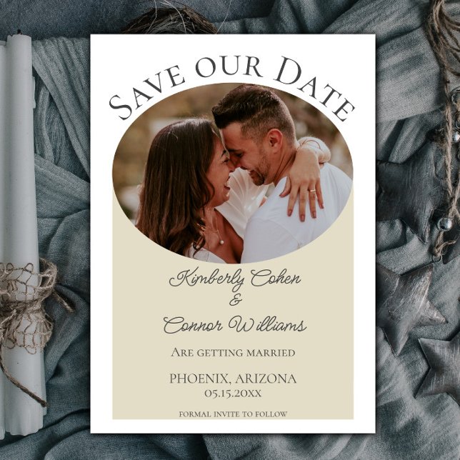 Simple Oval Photo Save the Date | Beige (Beige Simple Oval Photo Save the Date)