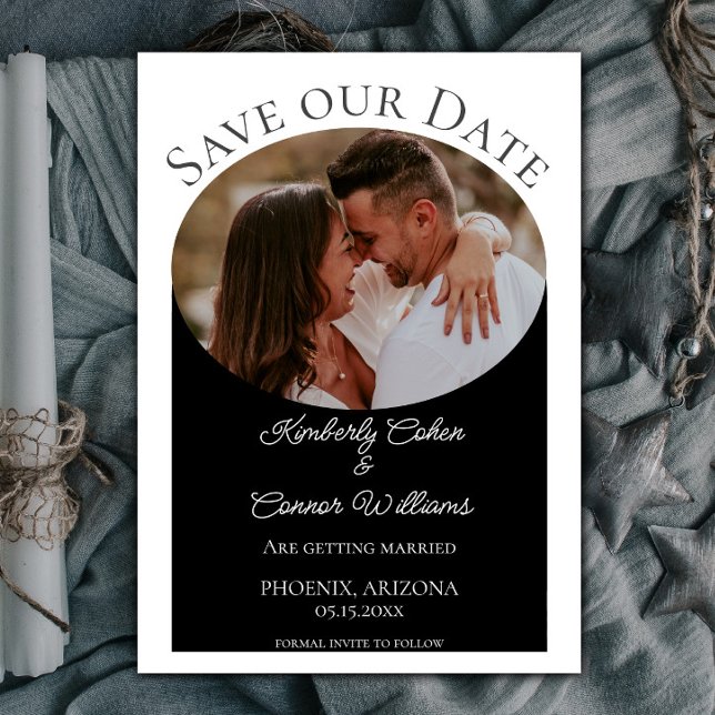 Simple Oval Photo Save the Date | Black (Black Simple Oval Photo Save the Date)