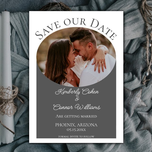 Simple Oval Photo Save the Date | Grey (Gray Simple Oval Photo Save the Date)