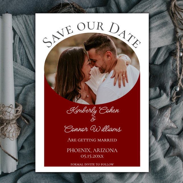 Simple Oval Photo Save the Date | Red (Red Simple Oval Photo Save the Date)
