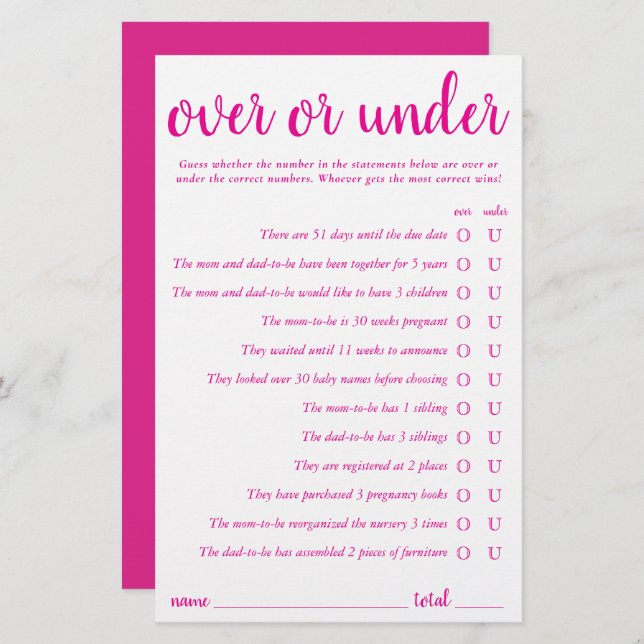 Simple Over or Under | Hot Pink Game Card (Front/Back)