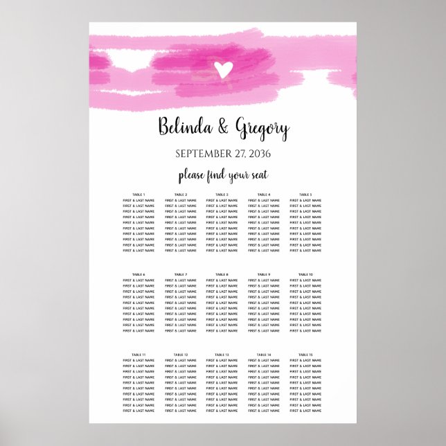 Simple Paint Strokes & Heart Wedding Seating Chart (Front)