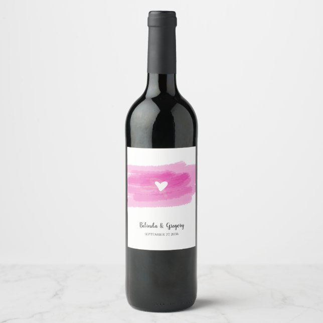 Simple Paint Strokes & Heart Wedding  Wine Label (Front)