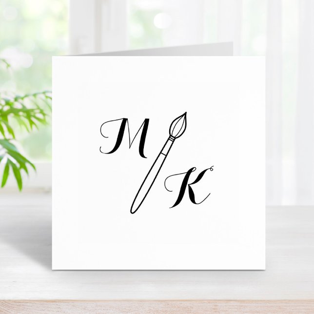 Simple Paintbrush Monogram Initials Rubber Stamp (Creator Uploaded)
