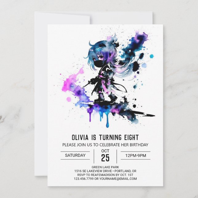 Simple Painted Ninja Digital Girl Birthday Invitation (Front)