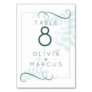 Simple Pale Mint Leaves and Jade Green Accents Table Number
