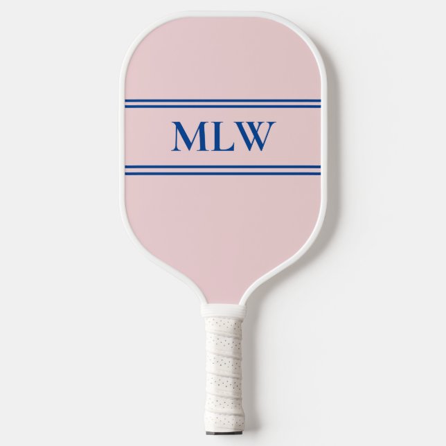 Simple Pale Pink and Deep Blue Monogrammed Pickleball Paddle (Front)