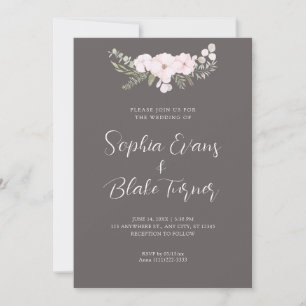 Simple Pale Pink and Green Floral Grey Wedding Invitation
