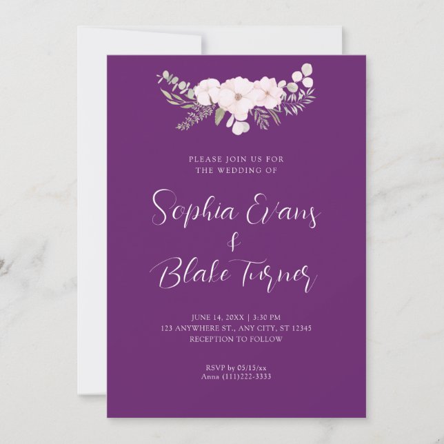 Simple Pale Pink and Green Floral Purple Wedding Invitation (Front)