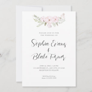 Simple Pale Pink and Green Floral White Wedding Invitation