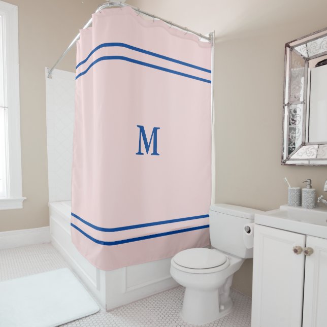 Simple Pale Pink with Deep Blue Monogram Shower Curtain (In Situ)