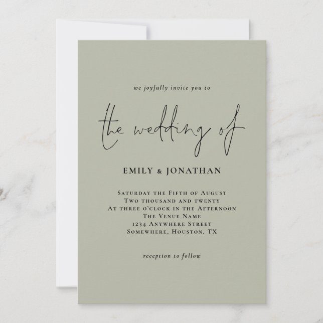 Simple Pale Sage Green Script Wedding Invitation (Front)