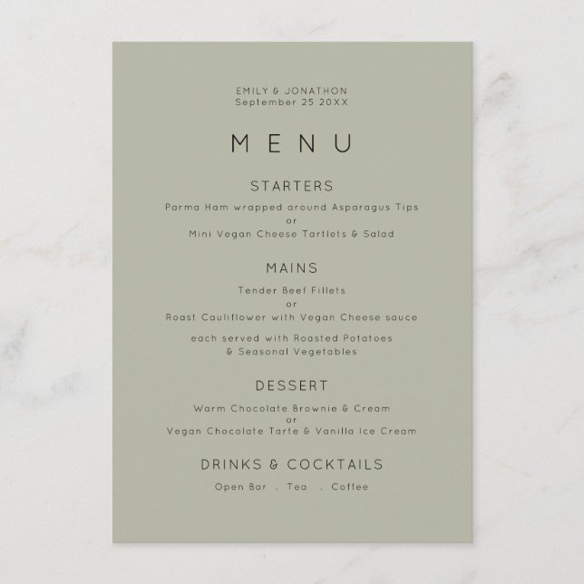 Simple Pale Sage Green Wedding Menu (Front)