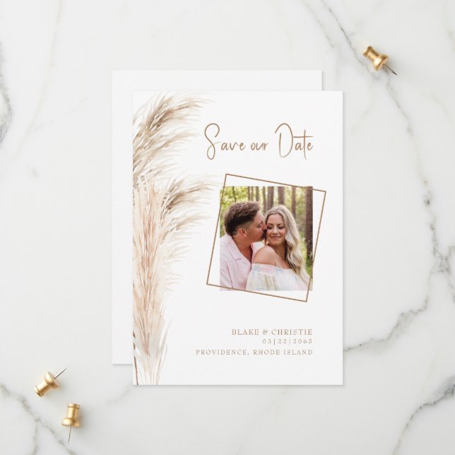 Simple Pampas Foliage Photo Wedding Save The Date (Front/Back In Situ)