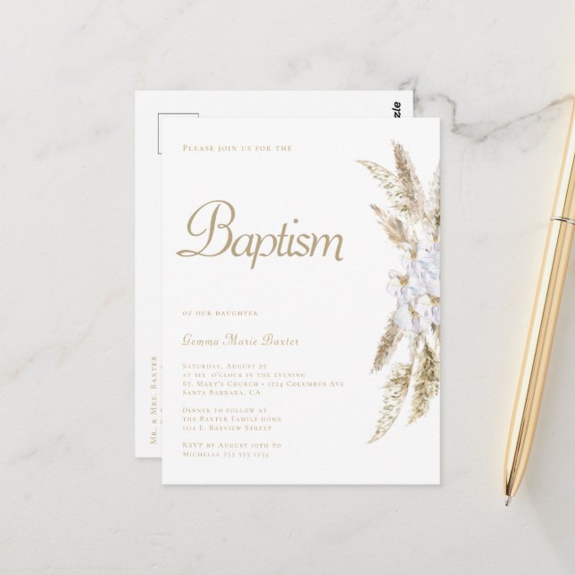 Simple Pampas Grass White Gold Baptism Invitation Postcard (Front/Back In Situ)