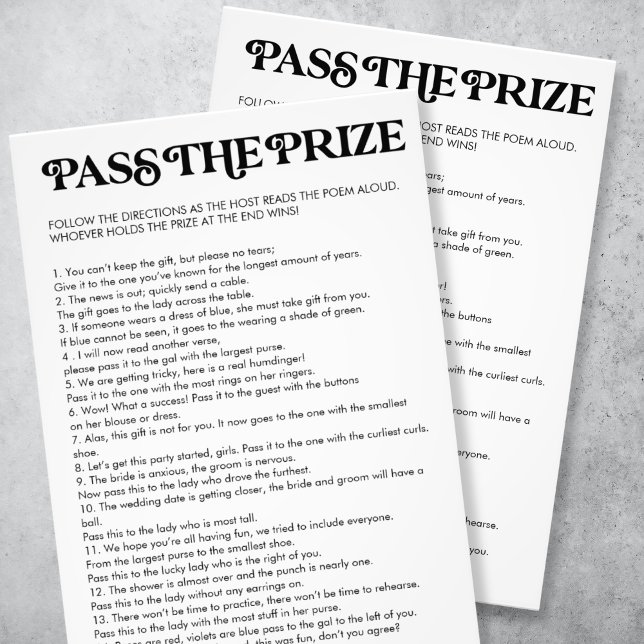 Simple Pass the Prize Bridal Shower Game Photo Print (simple modern script black and white "pass the prize" bridal shower gane)
