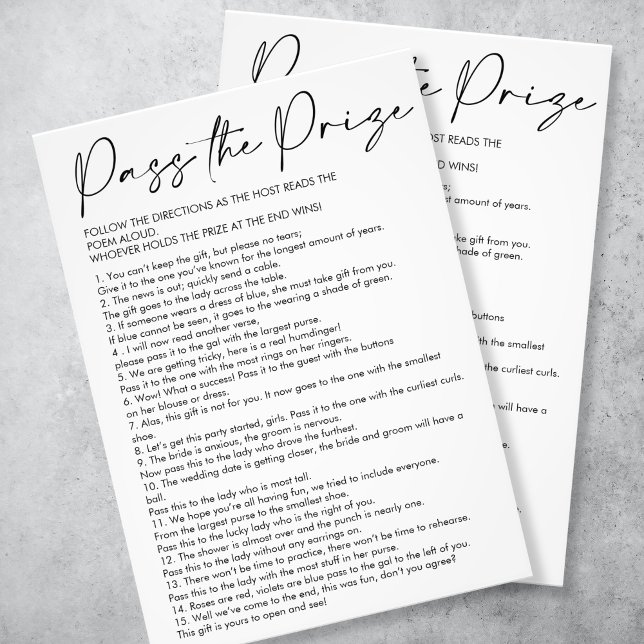 Simple Pass the Prize Bridal Shower Game Photo Print (simple modern script black and white "pass the prize" bridal shower gane)