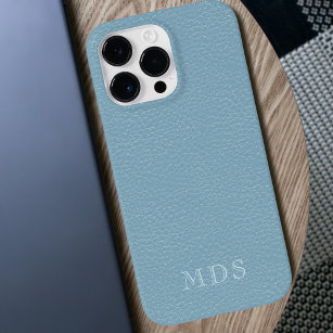 Simple Pastel Blue Faux Leather Look Monogrammed Case-Mate iPhone 14 Pro Max Case